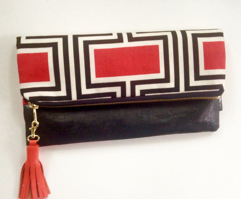 Orange and Black Fold Over Clutch, Orange Geometric Clutch, Handmade Bags, Gift Guide, Fashion Trend, Mod Bag