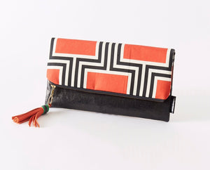 Orange and Black Fold Over Clutch, Orange Geometric Clutch, Handmade Bags, Gift Guide, Fashion Trend, Mod Bag