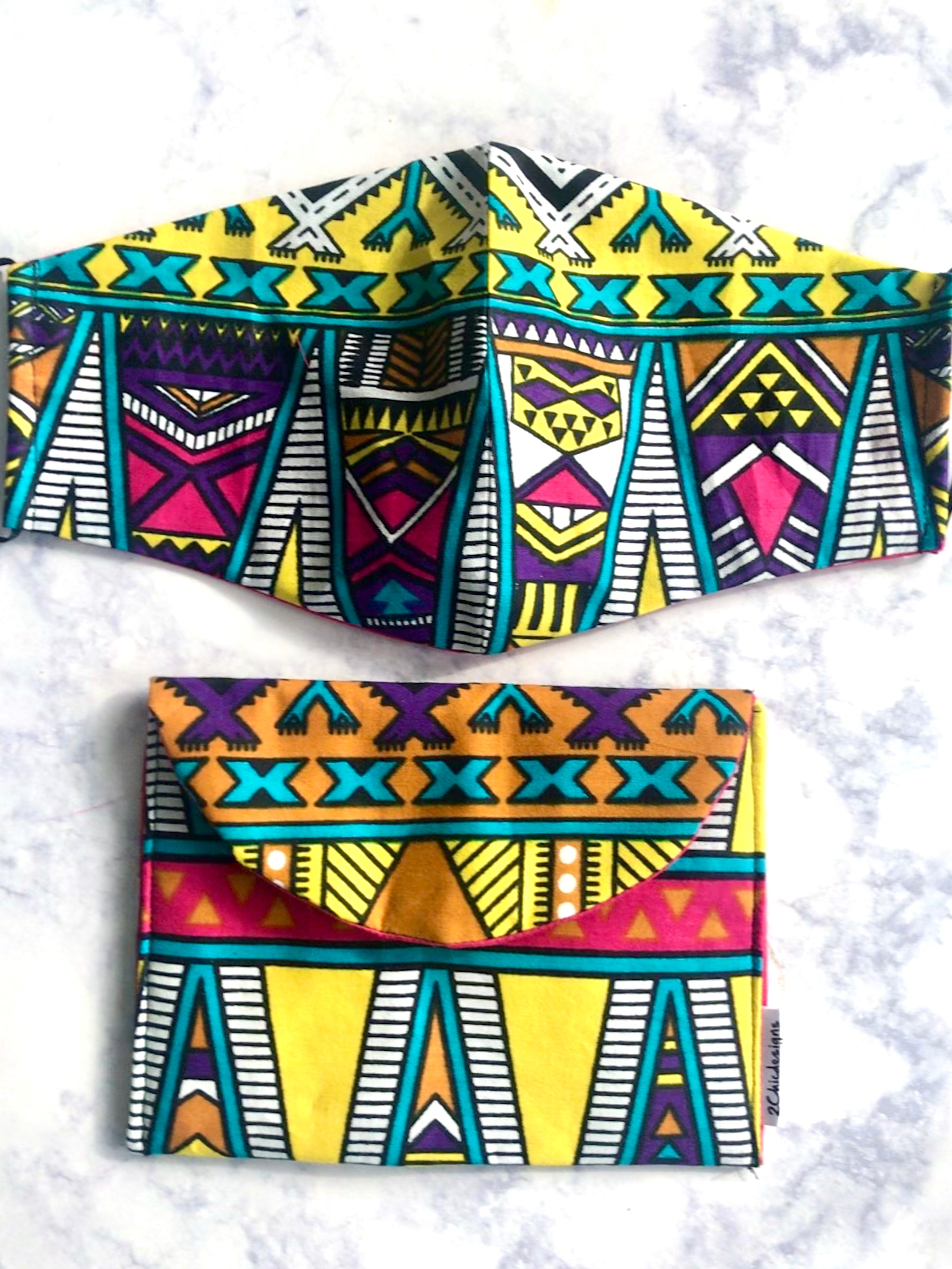 Abstract Multi Colored Print Pouch Bag and Non-Medical Face Mask Set